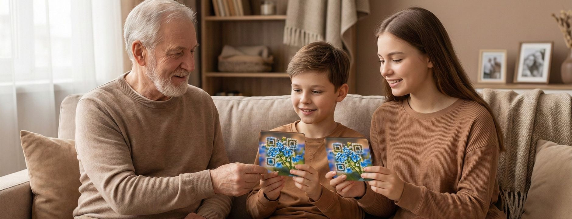 An elderly man sitting on a beige sofa with a young boy and girl, gives them a  square QR memorial plaque so they can also relive memories of their grandmother