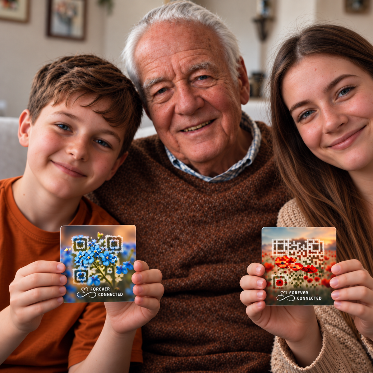 An elderly man sitting on a sofa with his grandchildren, gives them a  square QR memorial plaque linked to the online tribute of their grandma so they can also relive memories of their grandmother
