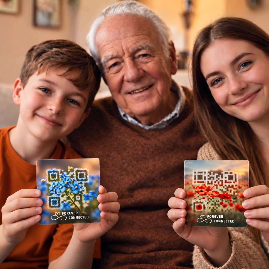 An elderly man sitting on a sofa with his grandchildren, gives them a  square QR memorial plaque linked to the online tribute of their grandma so they can also relive memories of their grandmother
