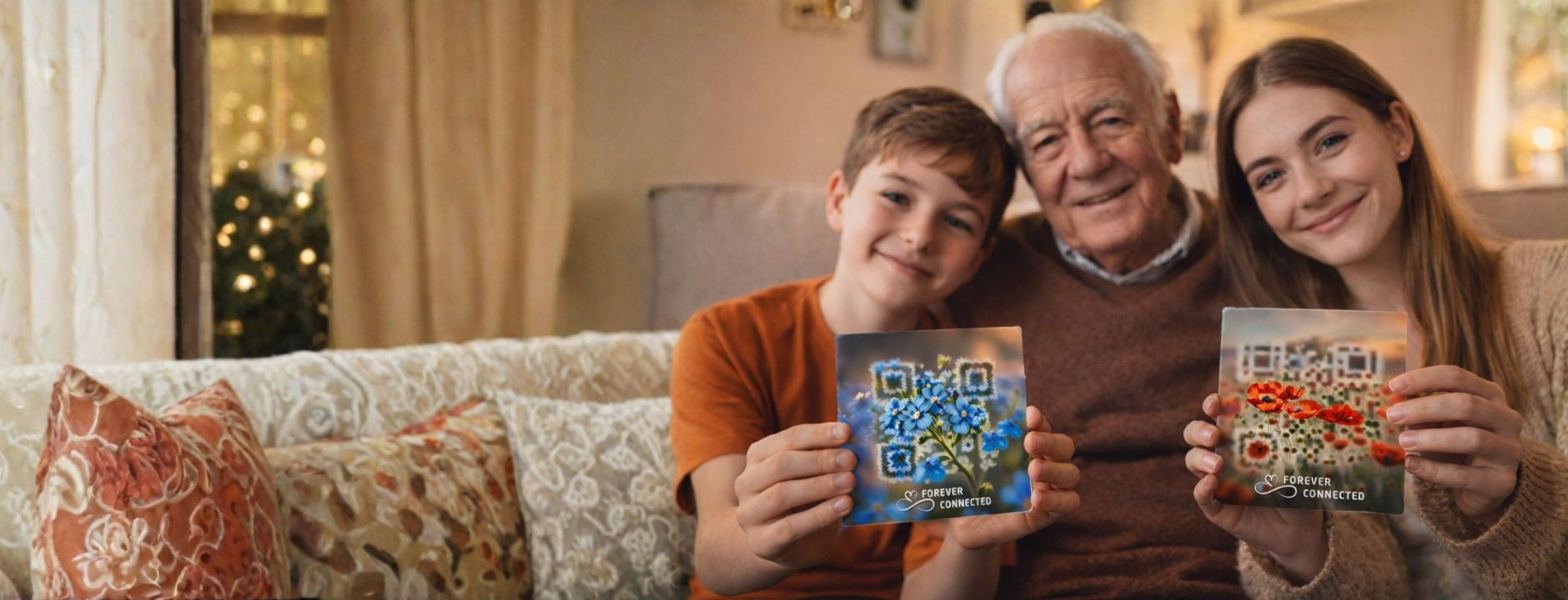 An elderly man sitting on a sofa with his grandchildren, gives them a  square QR memorial plaque linked to the online tribute of their grandma so they can also relive memories of their grandmother