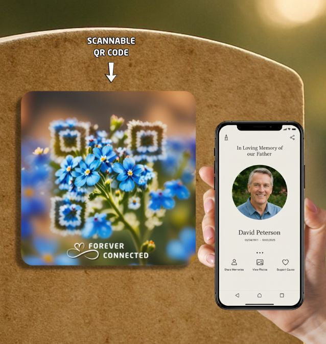 Memorial card with QR code and smartphone app displaying a profile picture and name.