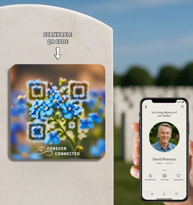 Forever Connected remembrance plaque with floral QR design attached to a cremation urn or headstone, paired with a smartphone displaying a personalized digital tribute page. A unique memorial keepsake for families to preserve memories online and assists during the grieving process.