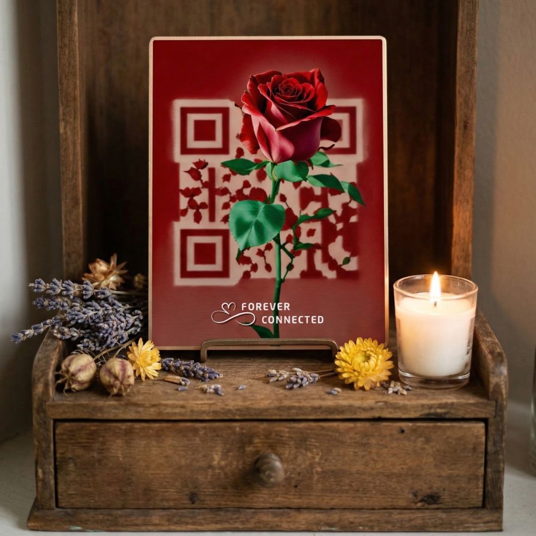 Decorative setup with a red rose card, candle, and flowers on a wooden surface.