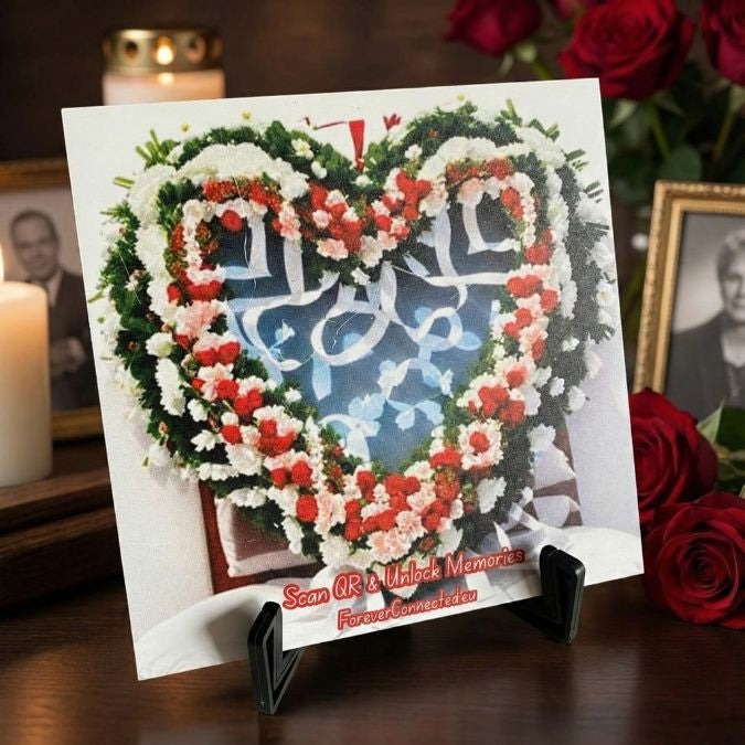 Heart-shaped floral wreath indoor QR memorial plaque — elegant remembrance keepsake linking to a private online memory page.