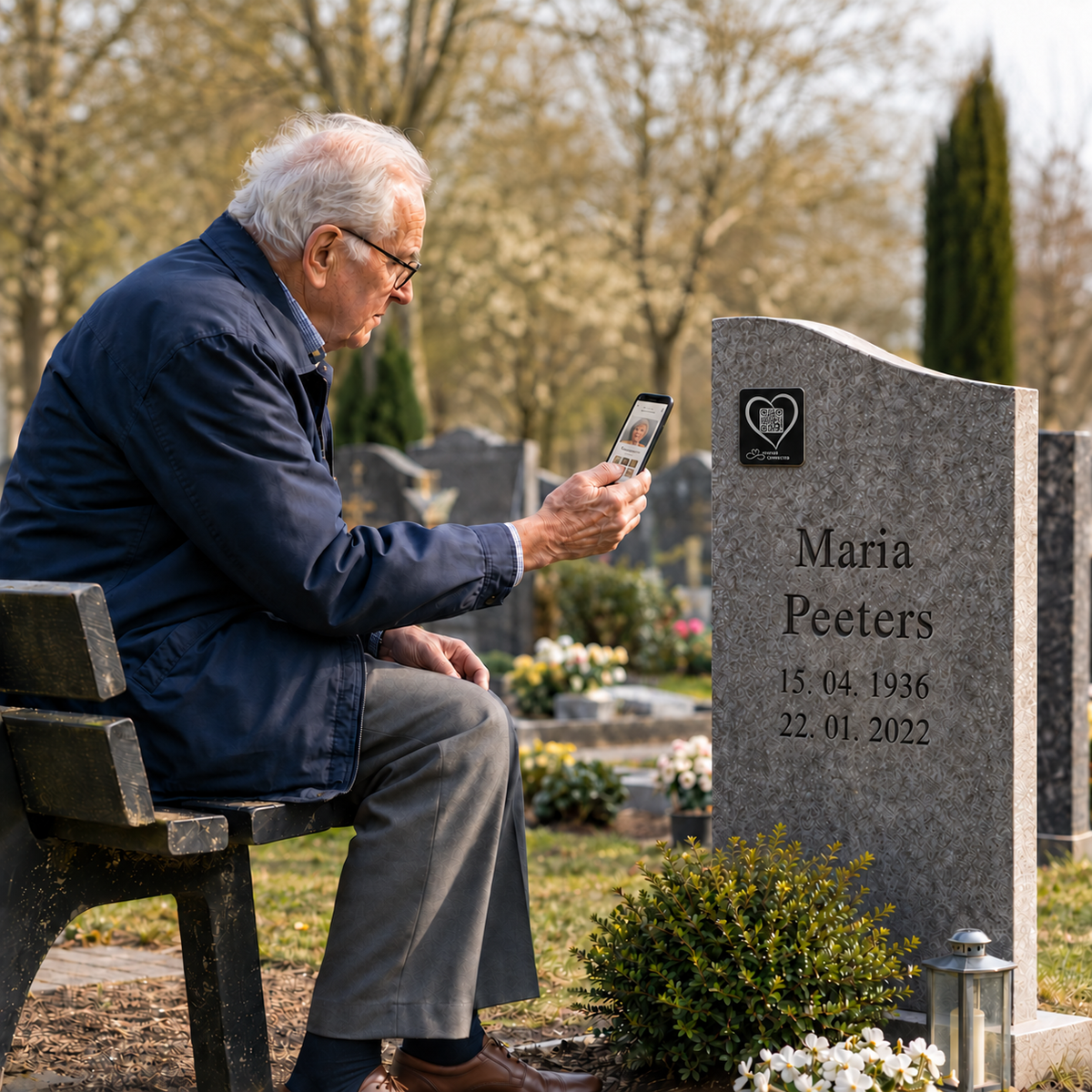 An elderly man scanned a QR memorial plaque and discovers the online tribute of the loved one on his phone