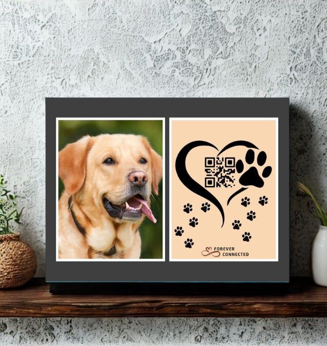 Framed photo tile for a Labrador retriever, featuring a heart and paw-shaped QR code on peach background, displayed on a wooden shelf.