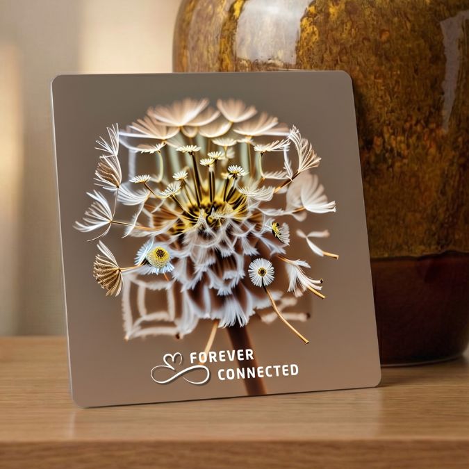 QR memorial plaque displayed indoors as a remembrance keepsake linked to an online tribute page