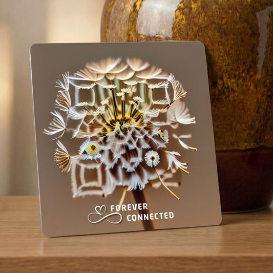 QR memorial plaque displayed indoors as a remembrance keepsake linked to an online tribute page