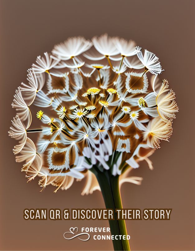 QR remembrance plaque scanned with smartphone showing online memorial page, digital tribute and memory sharing platform