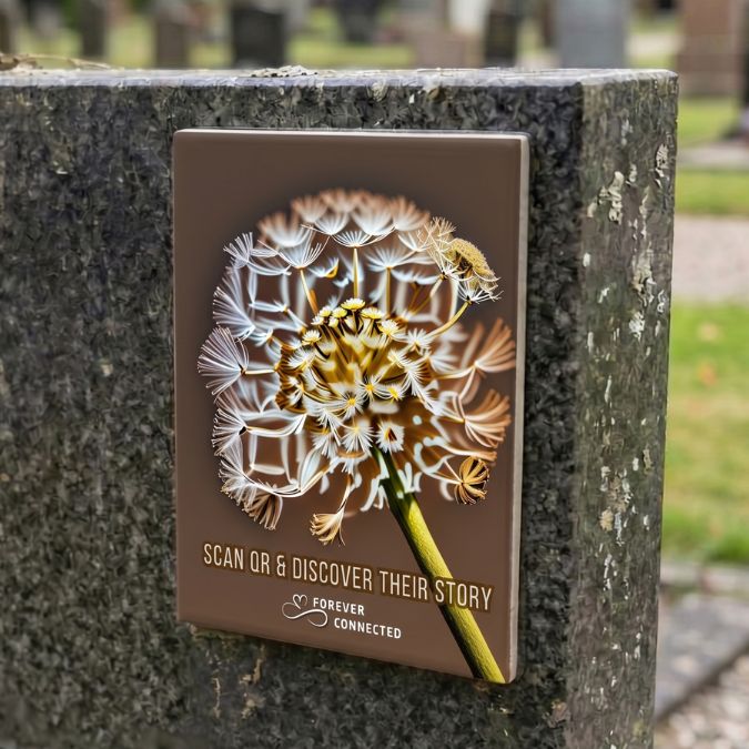 Outdoor QR memorial plaque mounted on stone, durable remembrance keepsake linking to an online tribute page