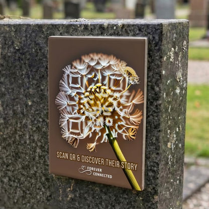 Outdoor QR memorial plaque mounted on stone, durable remembrance keepsake linking to an online tribute page