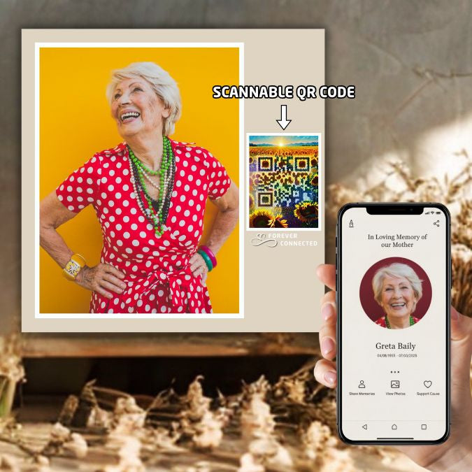 Memorial photo plaque with sunflowers and sunset QR design beside a smartphone showing a Forever Connected remembrance page. A unique digital memorial object helping families honor loved ones and keep memories alive online.A modern grief support object to preserve memories of a loved one.