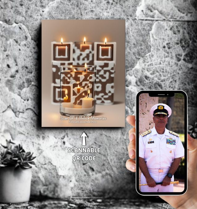 A QR memorial plaque with glowing candles, symbolizing remembrance of a fallen soldier, alongside a phone showing the digital tribute page. Perfect for Memorial Day or Remembrance Day.