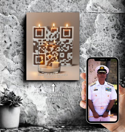 A QR memorial plaque with glowing candles, symbolizing remembrance of a fallen soldier, alongside a phone showing the digital tribute page. Perfect for Memorial Day or Remembrance Day.