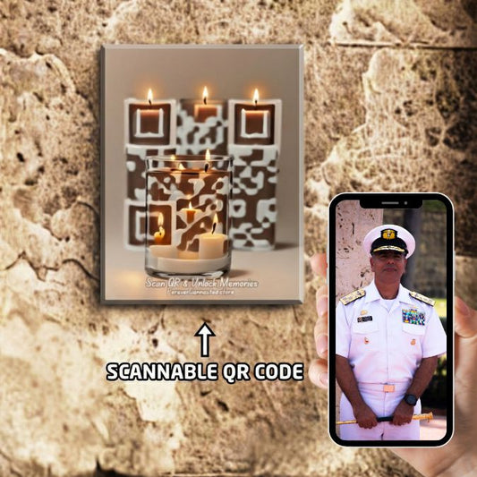A QR memorial plaque with glowing candles, symbolizing remembrance of a fallen soldier, alongside a phone showing the digital tribute page. Perfect for Memorial Day or Remembrance Day.