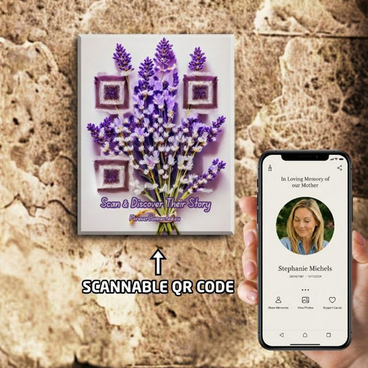Memorial tile with artistic QR codes in a lavender flower design, linking to a digital remembrance page with personal memories and photos
