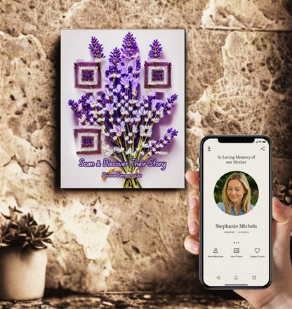 Memorial tile with artistic QR codes in a lavender flower design, linking to a digital remembrance page with personal memories and photos
