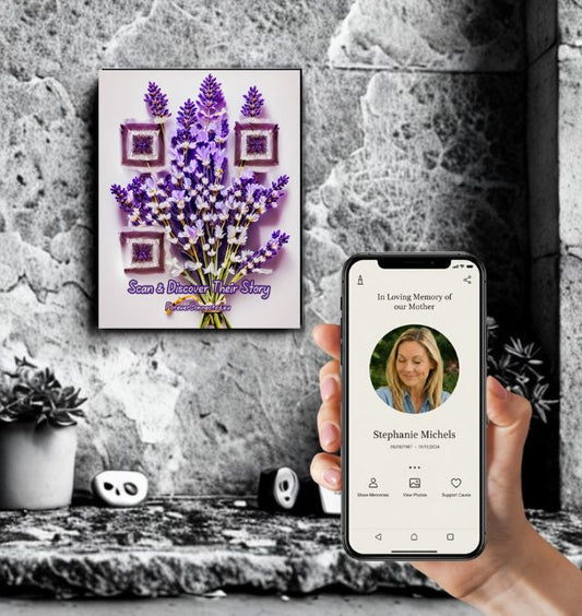 Plaque commémorative en aluminium, motif lavande avec code QR intégré + page commémorative 