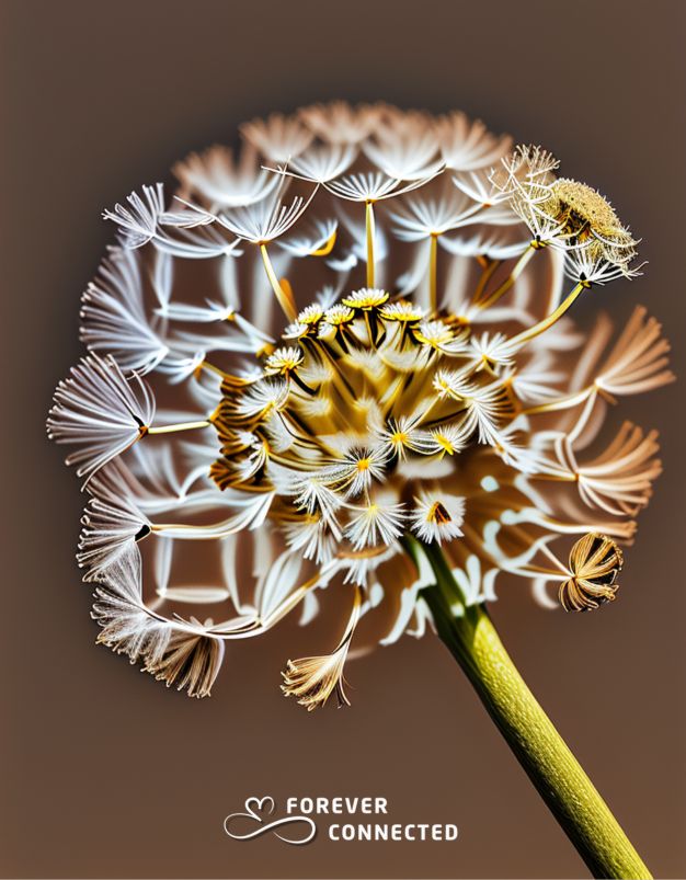 Close-up of a scannable QR design  of a dandelion with seeds dispersing on a brown background, featuring the 'Forever Connected' logo.