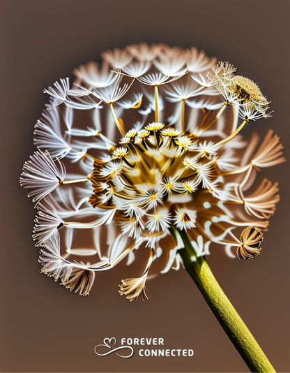 Close-up of a scannable QR design  of a dandelion with seeds dispersing on a brown background, featuring the 'Forever Connected' logo.