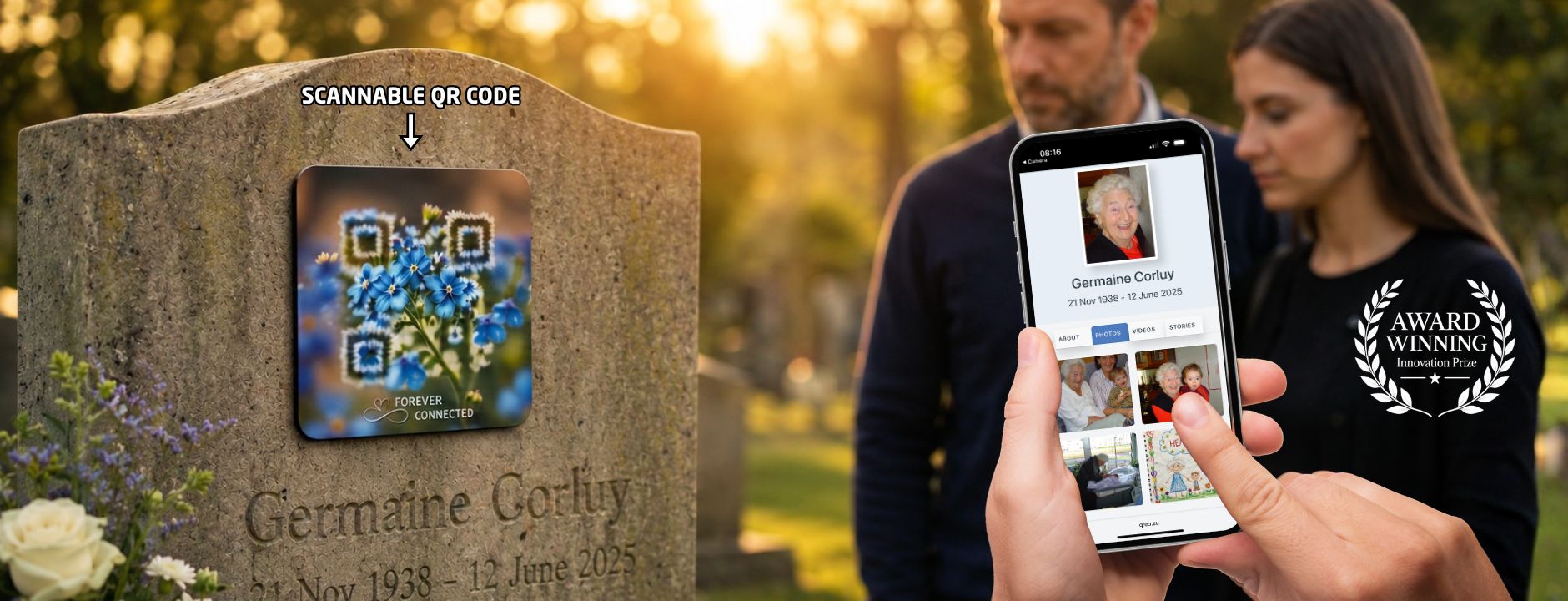 A square memorial plaque featuring a QR code artfully integrated into a blue forget-me-not floral design with the text "Forever Connected" at the bottom. The QR Plaque is attached to a stone headstone, with a hand in the foreground holding a smartphone displaying the deceased's digital profile page.