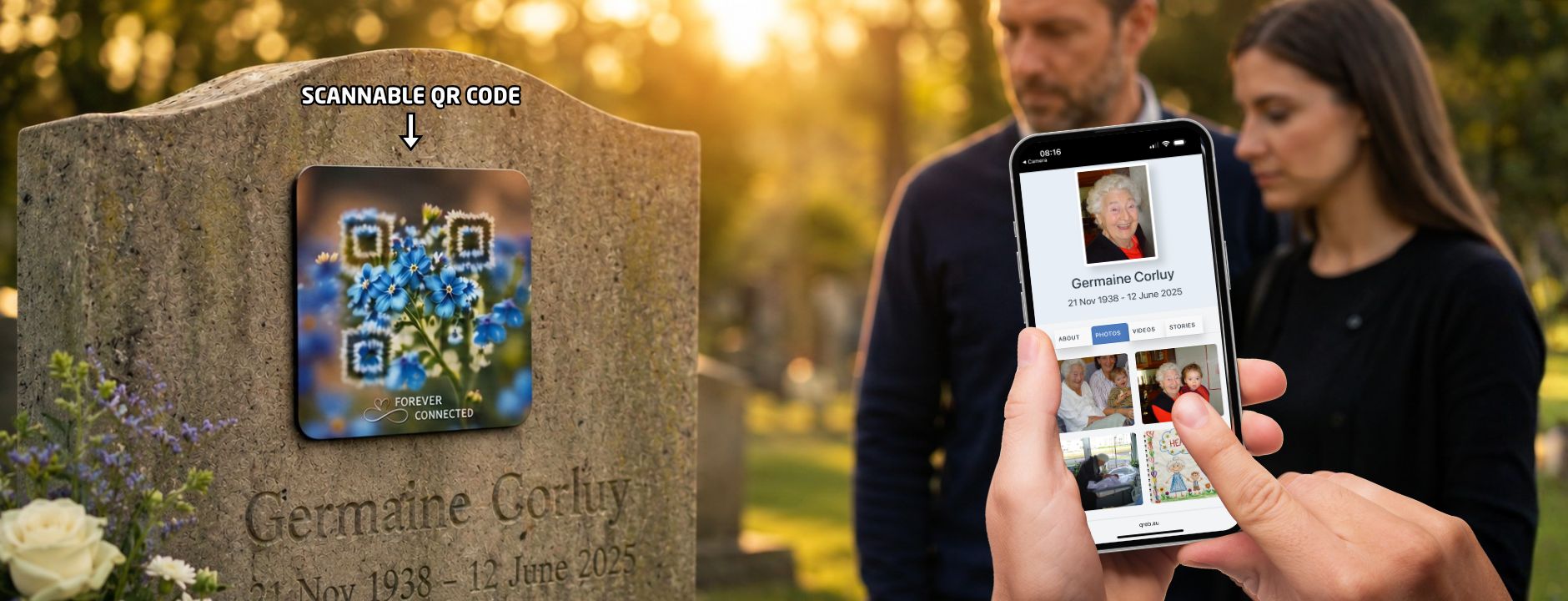 A square memorial plaque featuring a QR code artfully integrated into a blue forget-me-not floral design with the text "Forever Connected" at the bottom. The QR Plaque is attached to a stone headstone, with a hand in the foreground holding a smartphone displaying the deceased's digital profile page.