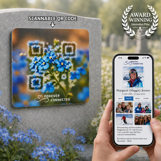 Scannable QR code on a QR medallion from Forever Connected, leading to an online tribute of a loved one
