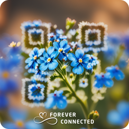 Forever Connected 8x8 cm artistic QR memorial plaque with Forget-me-not (Myosotis) floral design. A symbolic remembrance object linking to a digital tribute page, unlike plain black-and-white QR codes.