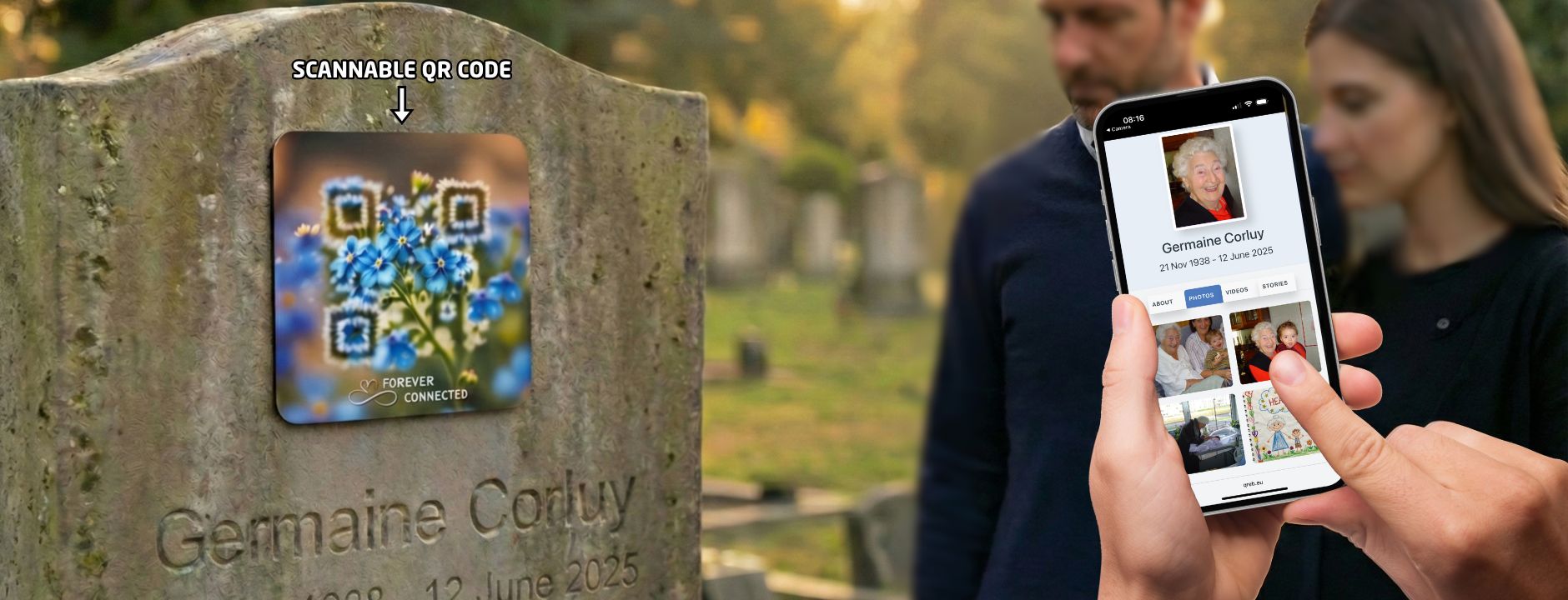 A square memorial plaque featuring a QR code artfully integrated into a blue forget-me-not floral design with the text "Forever Connected" at the bottom. The QR Plaque is attached to a stone headstone, with a hand in the foreground holding a smartphone displaying the deceased's digital profile page.