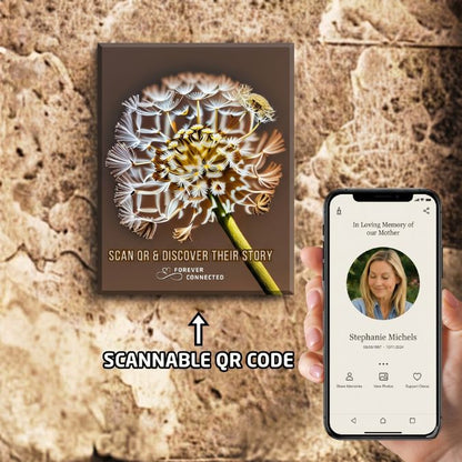 QR remembrance plaque scanned with smartphone showing online memorial page, digital tribute and memory sharing platform