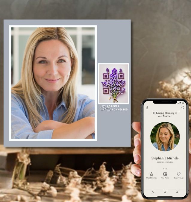 Memorial photo plaque with lavender QR design beside a smartphone showing a Forever Connected remembrance page. A unique digital memorial object helping families honor loved ones and keep memories alive online.A modern grief support object to preserve memories of a loved one.