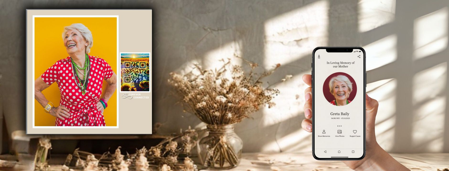 Memorial photo plaque with sunflowers and sunset QR design beside a smartphone showing a Forever Connected remembrance page. A unique digital memorial object helping families honor loved ones and keep memories alive online.A modern grief support object to preserve memories of a loved one.