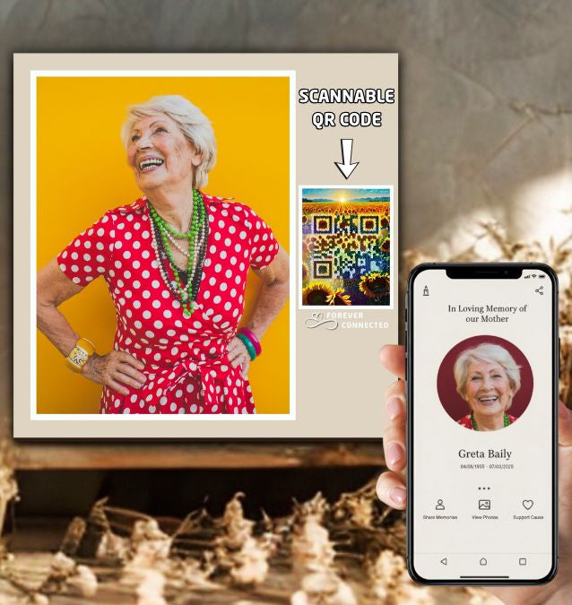 Memorial photo plaque with sunflowers and sunset QR design beside a smartphone showing a Forever Connected remembrance page. A unique digital memorial object helping families honor loved ones and keep memories alive online.A modern grief support object to preserve memories of a loved one.