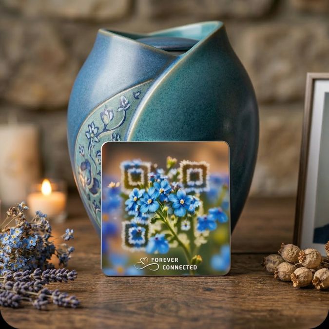 Floral remembrance object with QR memorial plaque placed next to a cremation urn and candle in a peaceful home setting