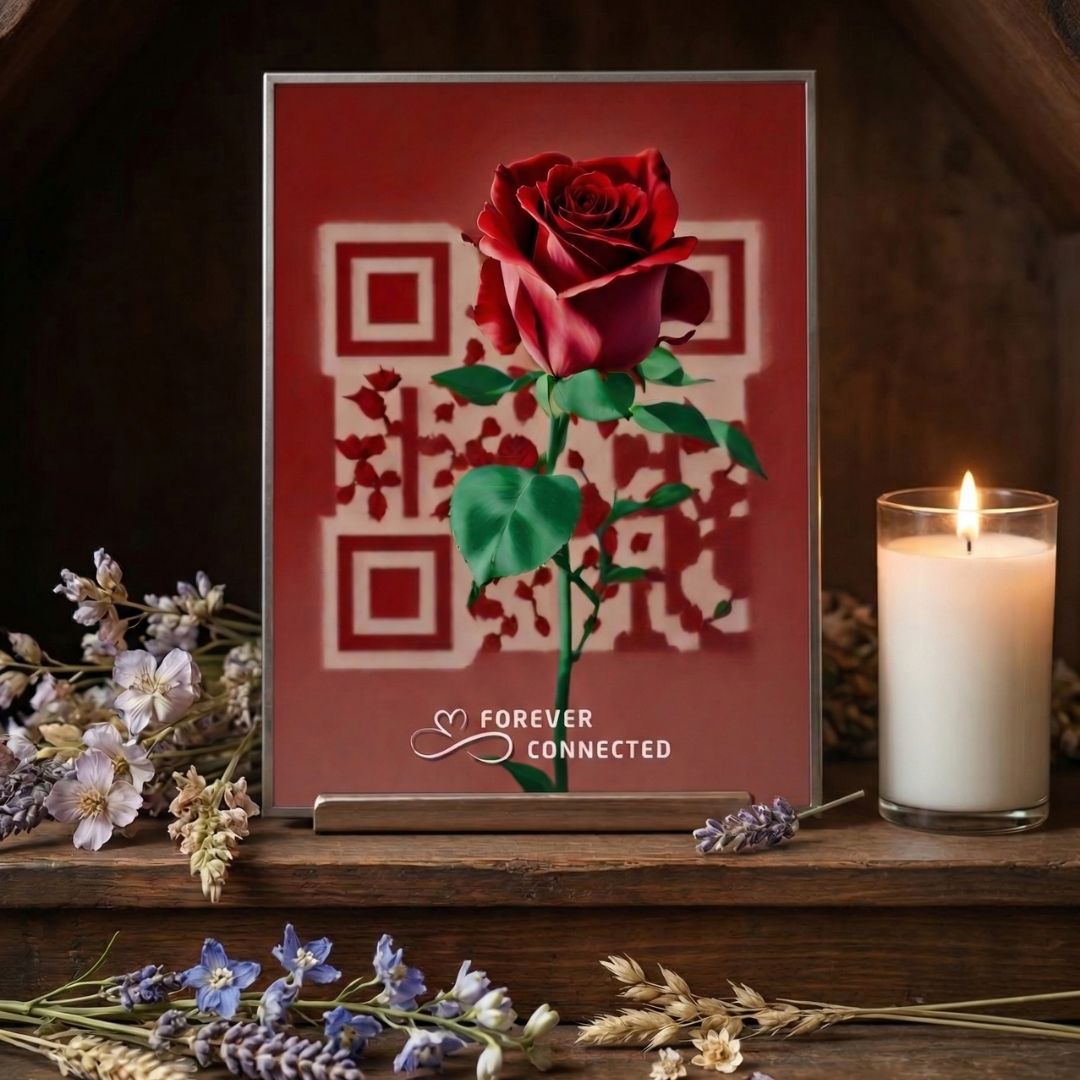 Single red rose QR memorial plaque placed on shrine — beautiful remembrance plaque that opens a digital memorial  page