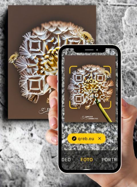 Smartphone scanning a dandelion QR memorial plaque that links to qreb.eu and an online tribute page.