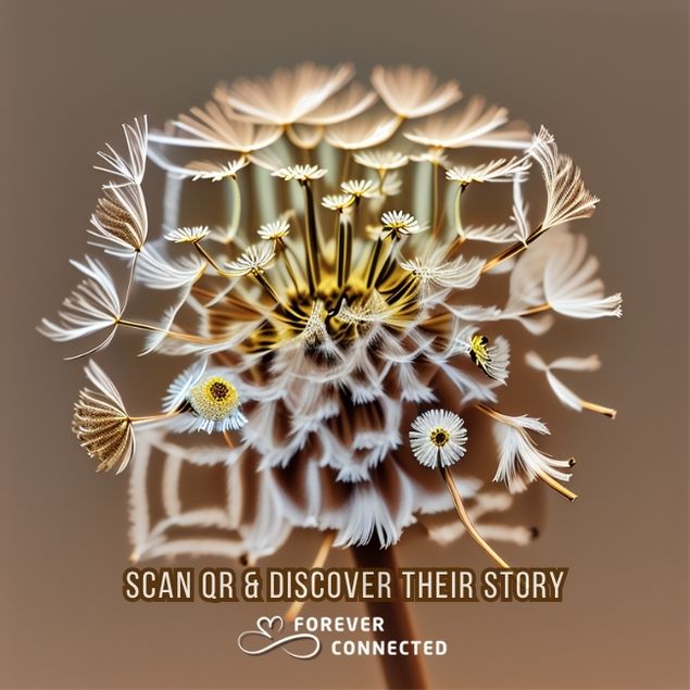 QR code in the shape of a Dandelion with seeds blowing away on a brown background, featuring text about scanning QR codes.