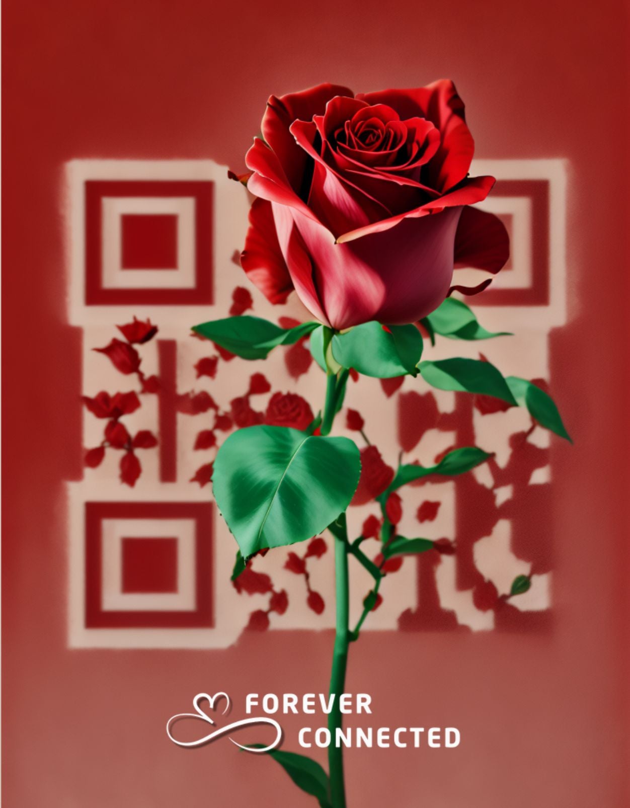 Red rose with green leaves on a red background with QR code and 'Forever Connected' text.
