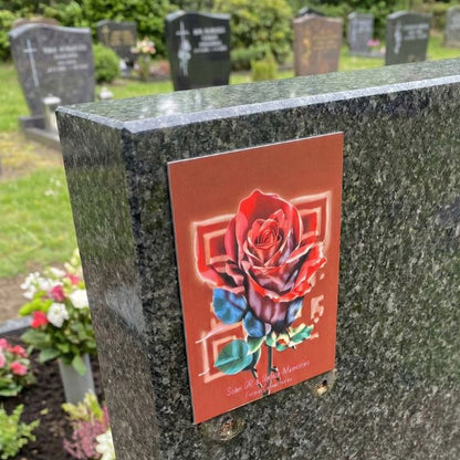 Single red rose QR memorial plaque mounted on gravestone — beautiful remembrance plaque that opens a digital memorial  page