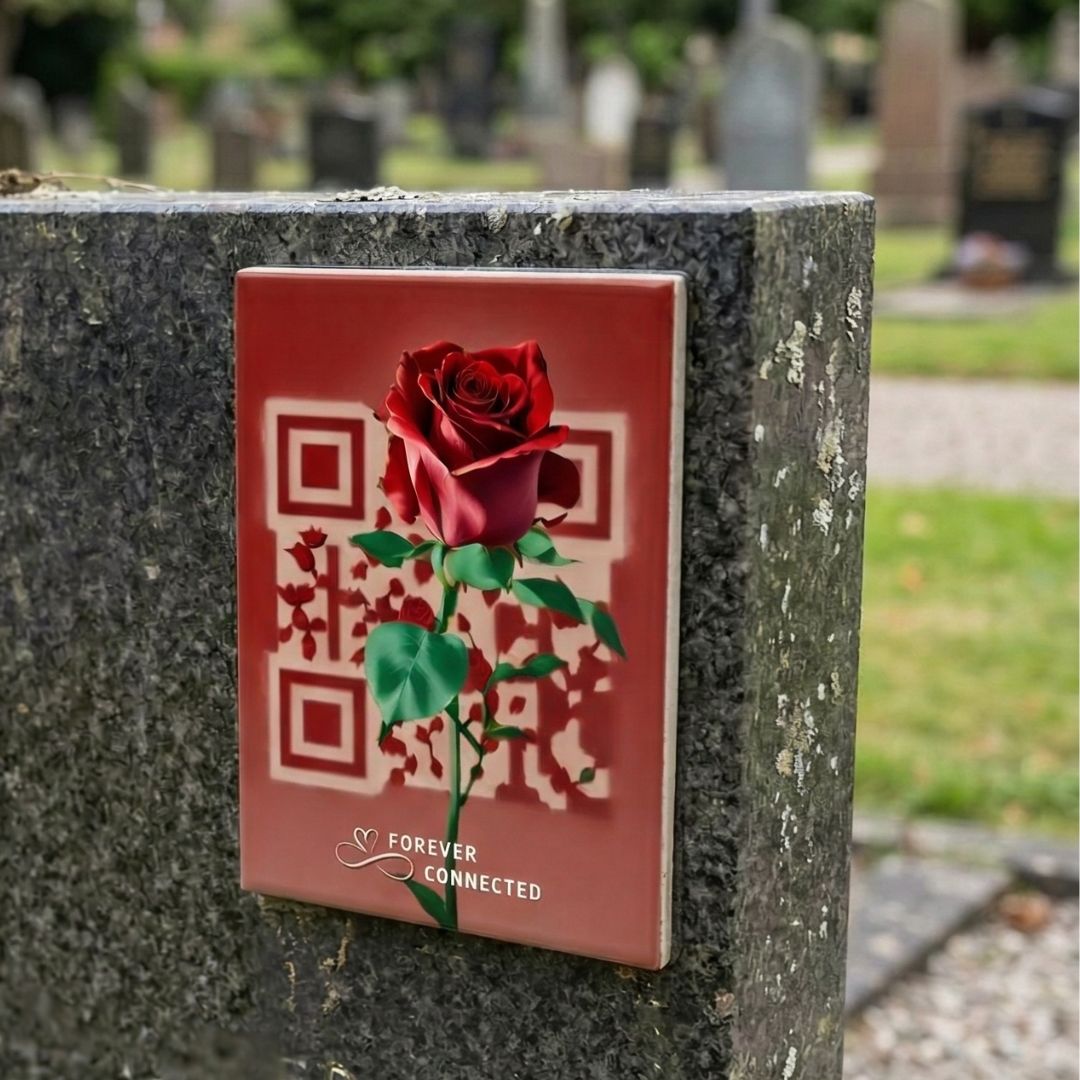 Single red rose QR memorial plaque mounted on gravestone — beautiful remembrance plaque that opens a digital memorial  page