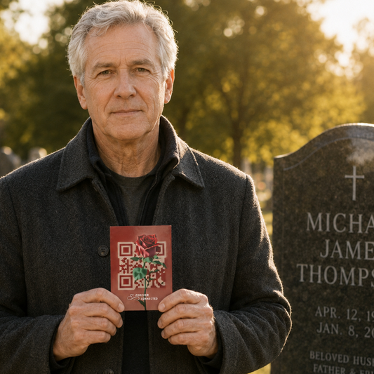 An older man stands outdoors in a cemetery holding a small red memorial card in front of a gravestone that reads Michael James Thompson. The scene is backlit by warm golden sunlight through trees, and flowers are visible at the base of the grave.
