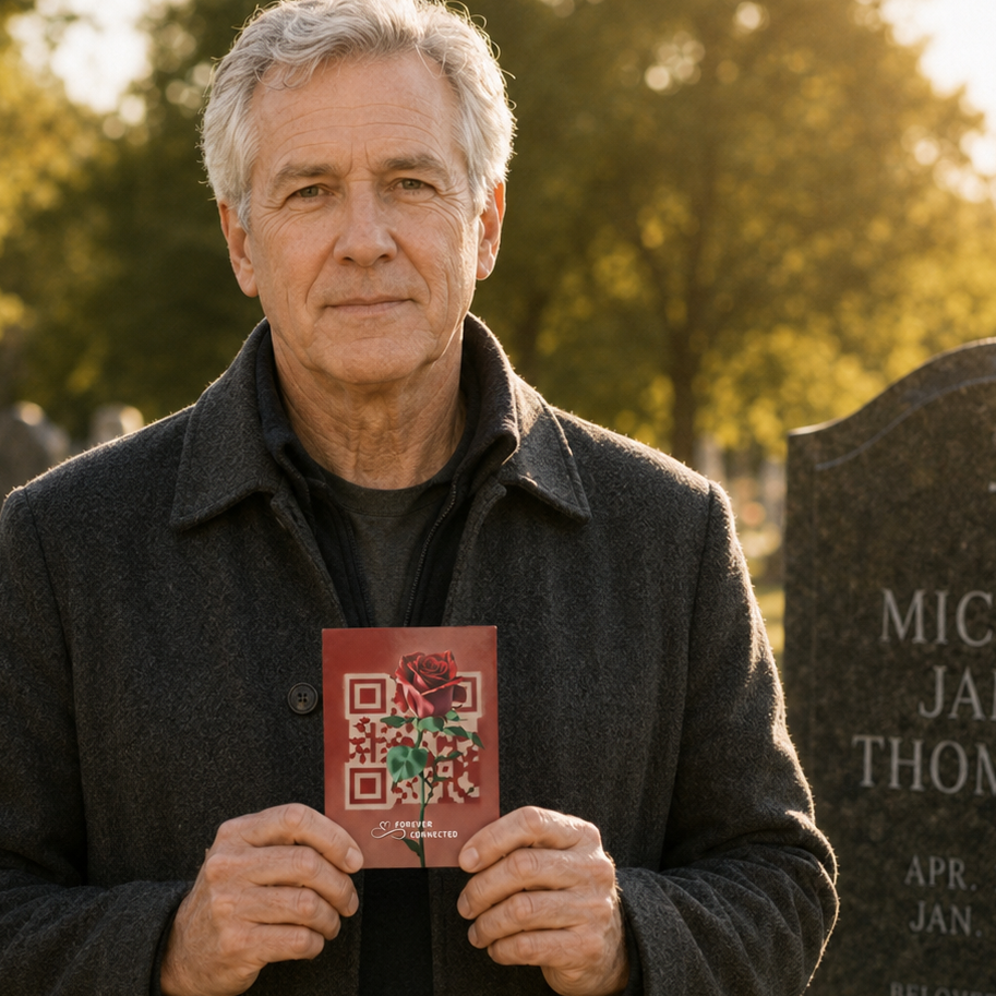 An older man stands outdoors in a cemetery holding a small red memorial card in front of a gravestone that reads Michael James Thompson. The scene is backlit by warm golden sunlight through trees, and flowers are visible at the base of the grave.