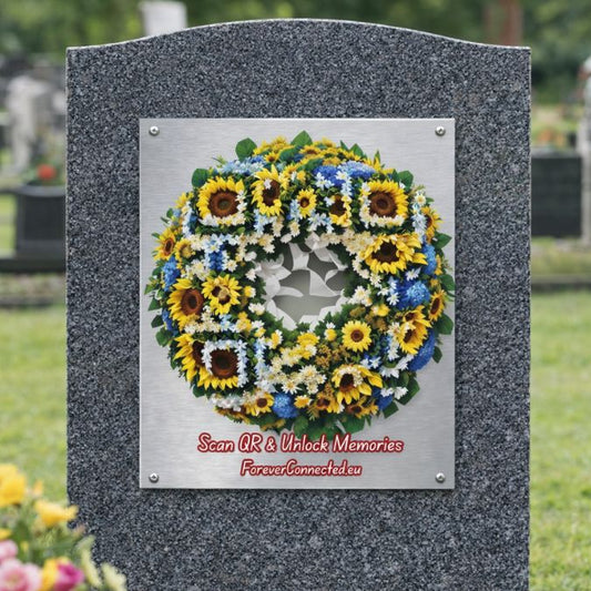 Sunflower wreath QR memorial plaque in cemetery — scannable remembrance plaque connecting to an online tribute page for loved ones.