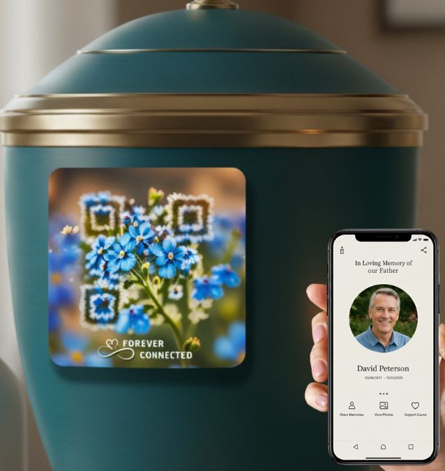 Forever Connected remembrance plaque with floral QR design attached to a cremation urn, paired with a smartphone displaying a personalized digital tribute page. A unique memorial keepsake for families to preserve memories online.