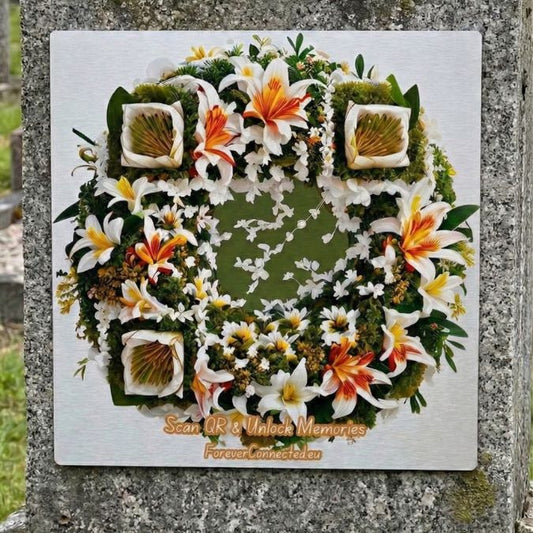 White and orange lily wreath QR memorial plaque on gravestone — artistic remembrance design with scannable code leading to a digital memory page.
