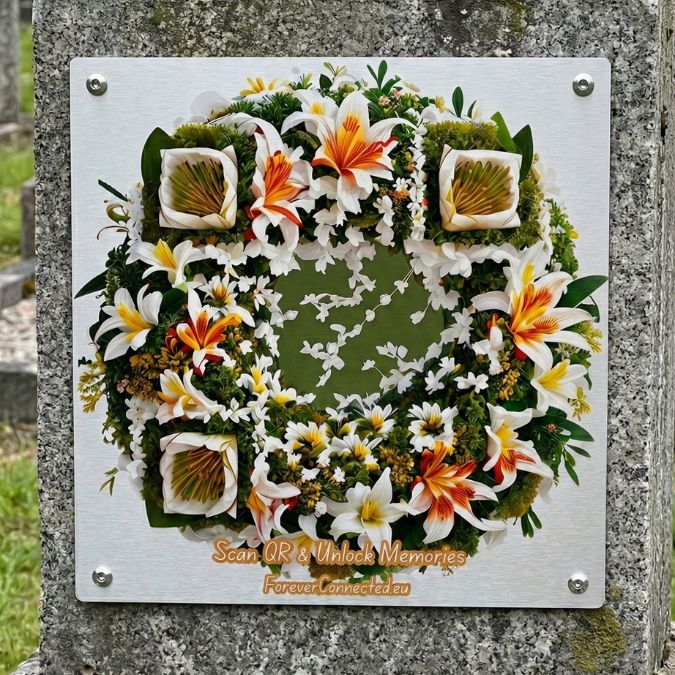 White and orange lily wreath QR memorial plaque on gravestone — artistic remembrance design with scannable code leading to a digital memory page.
