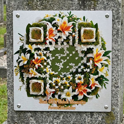 White and orange lily wreath QR memorial plaque on gravestone — artistic remembrance design with scannable code leading to a digital memory page.