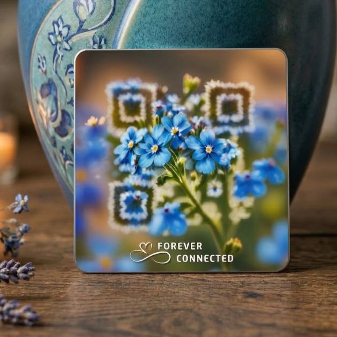 Zoom on a Floral remembrance object with QR memorial plaque placed next to a cremation urn and candle in a peaceful home setting
